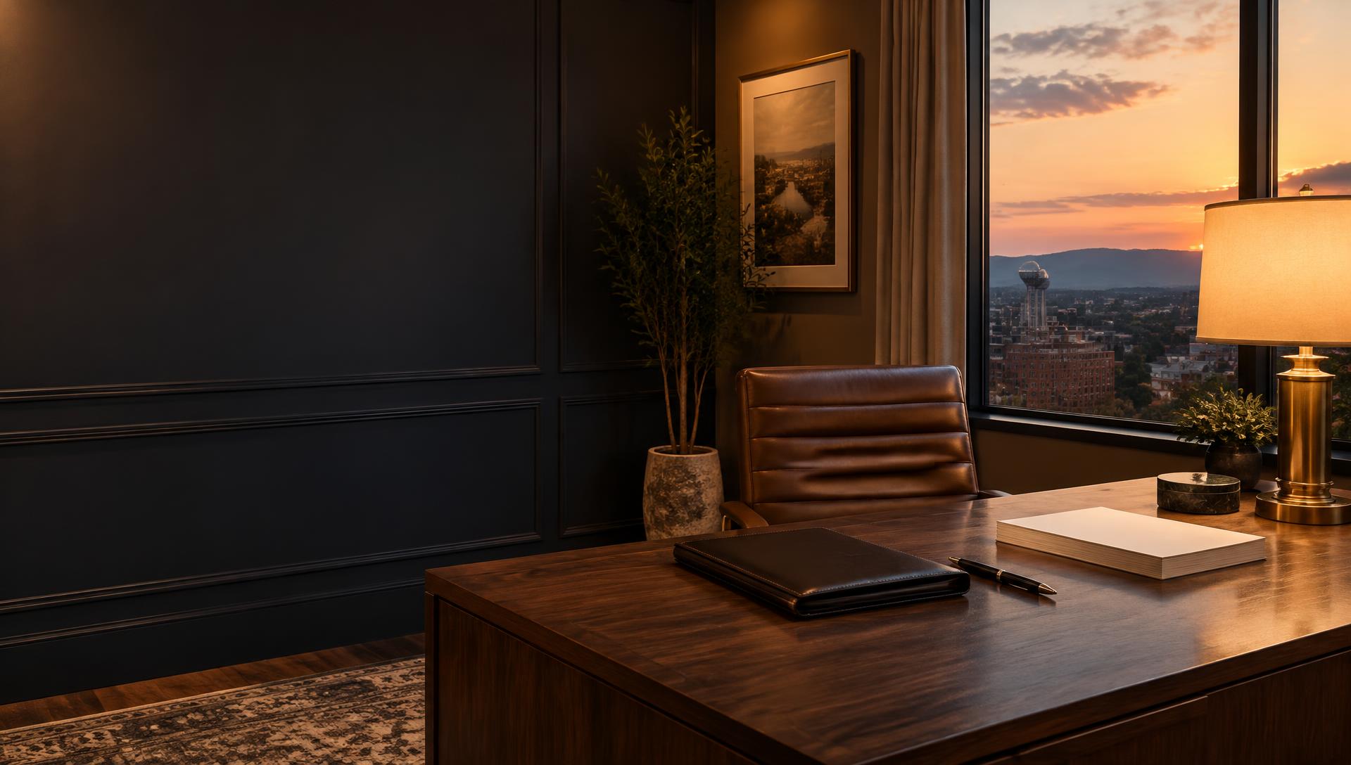 A warmly lit Knoxville office desk at dusk
